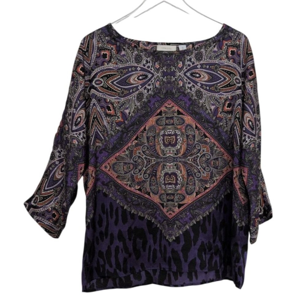 Chicos 2 Mixed Print Satin Shirt Womens Size Large Purple Animal Print Lightweig